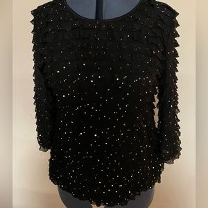 Jet Black Fancy crepe-ish fabric Top with sequins & small ruffles, lightweight